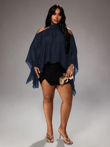 Rustia Plus Size Cold-Shoulder Halter Neck Striped Casual Comfortable Flowy Blouse For Spring And Summer - Navy Blue - View 4