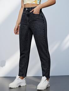 SHEIN PETITE Women's High Waist Pocket Casual Versatile Denim Long Pants - Black - View 4