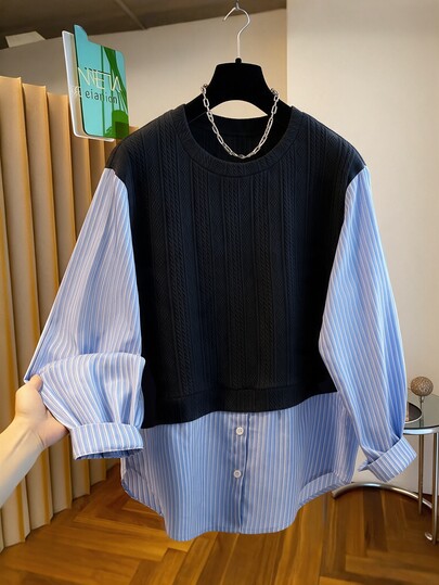 GlowEve CURVE Plus Size Women's Casual Striped Button Patchwork 2 In 1 Sweatshirt Fall