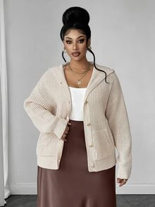 Maweii Plus Size Women's Hooded Button-Up Dual Pocket Casual Cardigan - Apricot - View 5