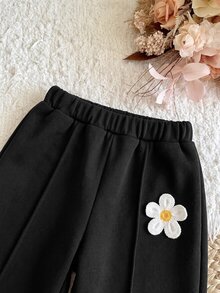 SHEIN 女童 3D 花卉裝飾條紋長袖運動衫與運動長褲休閒套裝 粉色冬季上衣 秋季服飾 - 黑色 - 查看 6