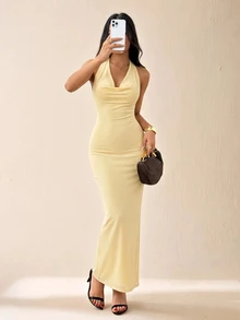 SHEIN PETITE 女款純色網紗垂領披領優雅約會晚禮服長洋裝，度假風秋冬節慶穿搭 - 淡黃色 - 查看 6