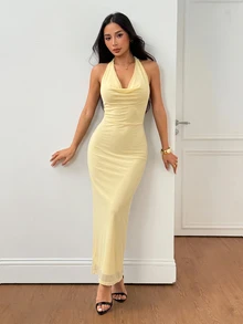 SHEIN PETITE 女款純色網紗垂領披領優雅約會晚禮服長洋裝，度假風秋冬節慶穿搭 - 淡黃色 - 查看 9