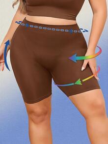 SHEIN Plus Size Solid Color High Waist Seamless Shaping Bottoms - Coffee Brown - View 3