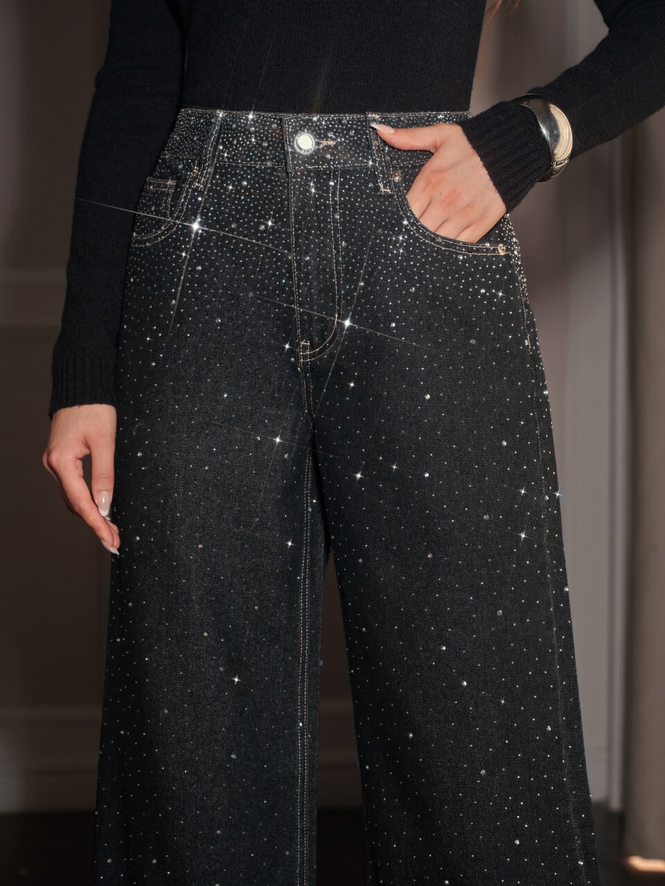 Anewsta Fashion Rhinestone Wide Leg Denim Jeans