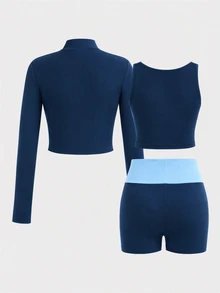 SHEIN طقم ملابس رياضية كاجوال للفتيات المراهقات، بتصميم ألوان متباينة، للربيع المبكر/الخريف - الأزرق - مشاهدة 2