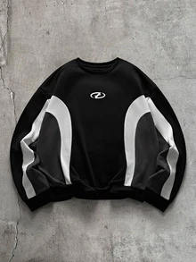 AXEPEAK Men's Plus Size Colorblock Patchwork Crew Neck Sweatshirt - Black - View 1