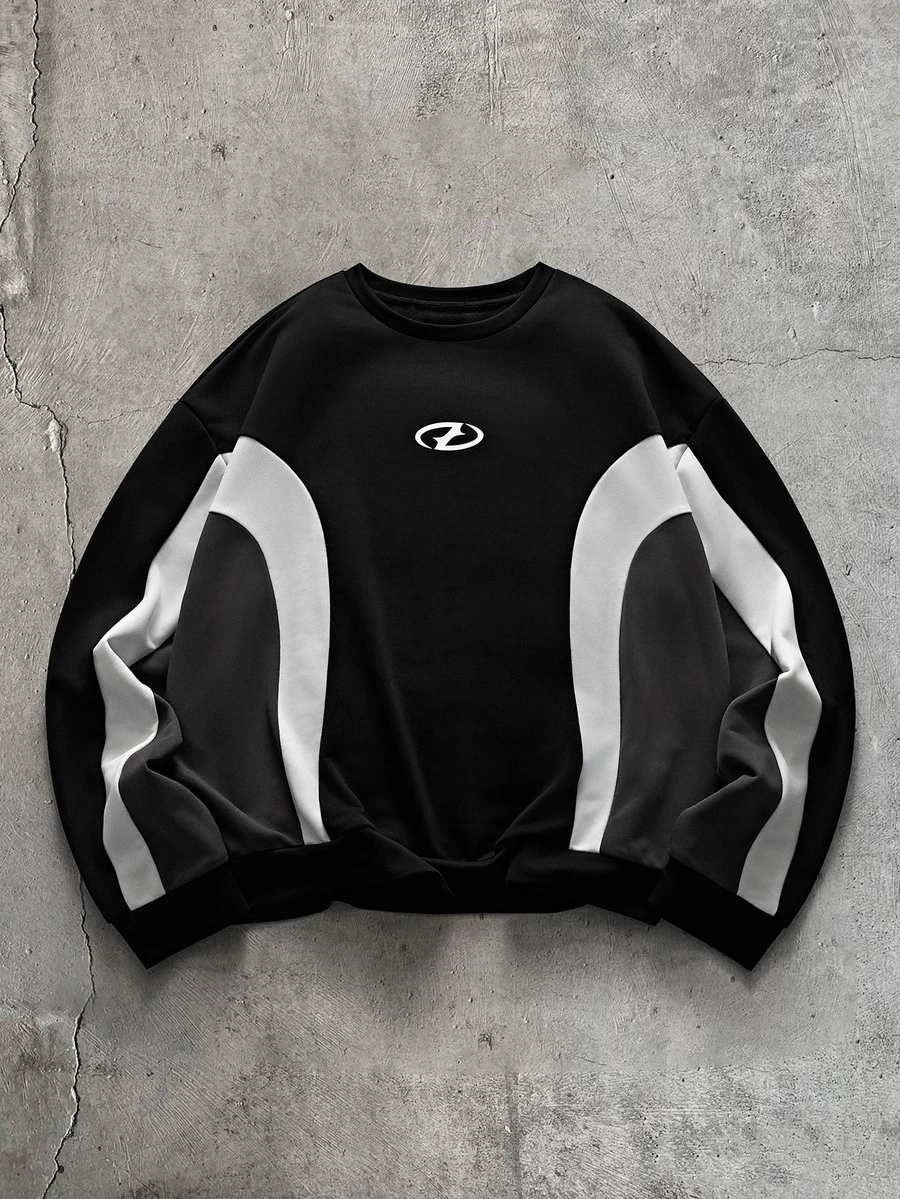 AXEPEAK Men's Plus Size Colorblock Patchwork Crew Neck Sweatshirt - Black - View 1