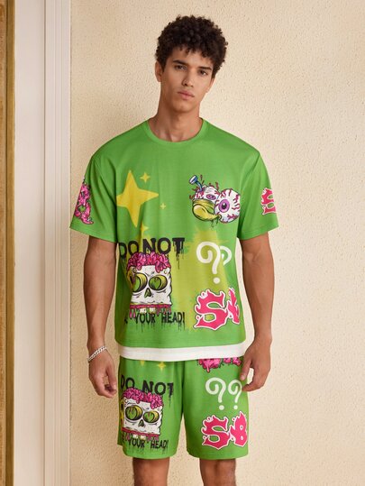 SpongeBob SquarePants | SHEIN Herren Sommer Lässig Cartoon Muster T-Shirt & Shorts Set