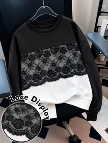 Modelyn 秋冬對比蕾絲圓領寬鬆落肩長袖上衣，小眾設計修身女款衛衣 - 彩色 - 查看 4
