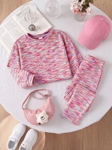 SHEIN 女童紮染圓領長袖T恤與長褲休閒套裝 - 彩色 - 查看 7