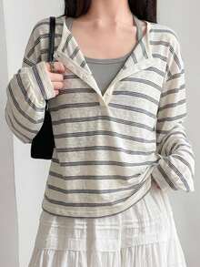 DAZY Women's Korean Style Minimalist Button Half-Placket Striped T-Shirt Fall - White - View 6