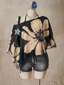 SHEIN ICON 女款休閒極簡花卉圖案大尺碼網紗上衣 - 彩色 - 查看 3