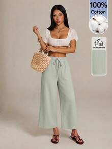 SHEIN PETITE 女款休閒棉麻混紡九分褲，卡其色，適合返校季、教師與大學生穿著 - 薄荷綠 - 查看 4