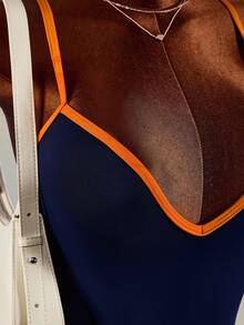 Amplova Women's Blue & Orange Colorblock X-Strap Backless Sports Romper - Navy Blue - View 6