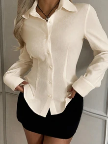 SHEIN EZwear 女款休閒收腰長袖鈕扣襯衫，適合秋冬穿著 - 杏色 - 查看 3