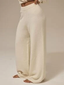 MUSERA ESSENTIALS Off White Fluffy Knit Deep Ribbed Waistband Seamless Front Panel Wide Leg Relaxed Fit Trousers Fall Autumn Winter Christmas - Cream - View 3