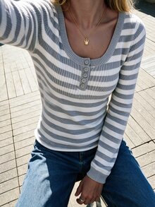 Autumina Women's Autumn/Winter Colorblock Blue And White Stripe Sweet Vintage Casual Low U-Neck Slim Fit Sexy Sexy Sweater Top Brunch - Multicolor - View 4