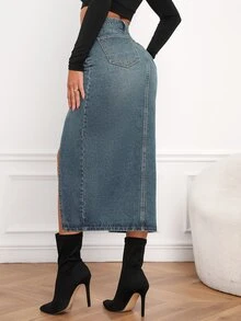 SHEIN Frenchy 女款休閒日常牛仔裙，附口袋、鈕扣與開衩設計 - 霧霾藍 - 查看 2