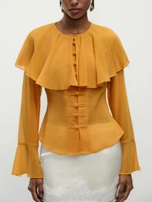 Aveloria Modichic Blus Wanita Lengan Panjang Elegan Warna Kuning Keemasan Polos Bahan Chiffon dengan Kerah Syal, Kancing Katak Cina, Manset Bergelombang, dan Pinggang Terikat, Cocok untuk Acara Brunch di Musim Panas. - Kuning - View 8