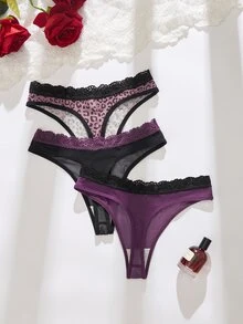 SHEIN Y2K Shibuya Style Leopard Print Mesh & Lace Patchwork Women's Narrow Waistband Panties 3pcs/Pack - Multicolor - View 2