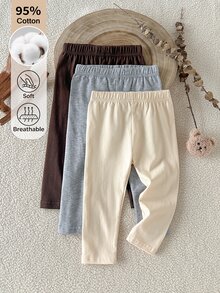 SHEIN 3件組女嬰秋冬純色親膚棉質內搭褲，0-3歲休閒高彈力鬆緊腰修身長褲 - 彩色 - 查看 1