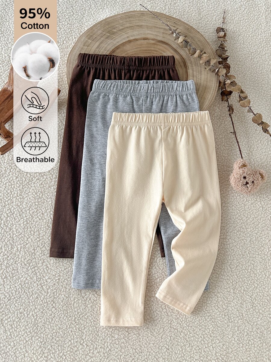 SHEIN 3件組女嬰秋冬純色親膚棉質內搭褲,0-3歲休閒高彈力鬆緊腰修身長褲 - 彩色 - 查看 1