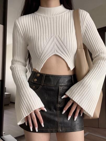 HueRush Top de punto acanalado de cuello alto falso, corte corto y ajustado para mujer en otoño/invierno, con mangas acampanadas de diseño cruzado hueco, capa base sexy que ciñe la cintura, suéter de punto elástico para mujeres de talla pequeña, adecuado para Navidad, Halloween, Año Nuevo, Acción de Gracias, fiesta, cita, viaje, ir al trabajo, estilo callejero, capa interior versátil, fiesta de cóctel, fiesta de cumpleaños, sesión de fotos, estilo europeo y americano