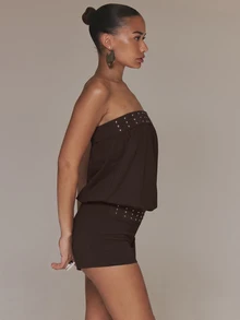 MUSERA Jumpsuit Unitard Hitam Bertabur Stud, Model Bandeau Bardot, Musim Semi/Musim Panas, Liburan, Gaya Boho, Ibiza, Elegan - Coffee Brown - View 4