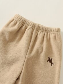 SHEIN 中性嬰兒男/女童、幼兒 2件組秋冬保暖內裡加厚可愛立領夾克套裝，嬰兒冬季服飾，運動套裝 - 卡其色 - 查看 5