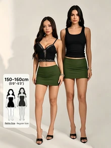 SHEIN PETITE Women's Black Sexy Casual Mini Bodycon Skirt With Built-In Leggings - Army Green - View 2