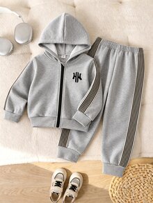 SHEIN Boys 2pcs Sweatshirt Set, Autumn/Winter New Long Sleeve Hooded Sweatshirt And Pants Set, White Printed Zip-Up, Outfit For Daily Wear, School, Sports - Light Grey - View 3