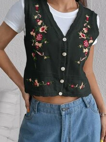 Rivivi Sweet Casual Cottagecore Vintage Versatile Embroidered Knit Vest Everyday Dark Grey Summer - Multicolor - View 6