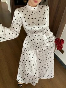 DAZY Women's Polka Dot Print Stand Collar Long Sleeve Ruffle Hem Dress Fall - White - View 1
