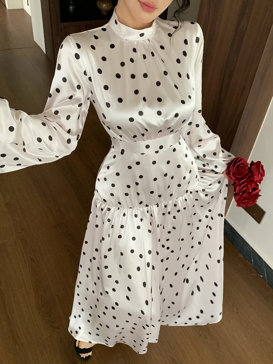 DAZY Women's Polka Dot Print Stand Collar Long Sleeve Ruffle Hem Dress Fall - White - View 1