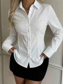 SHEIN EZwear 女款素色休閒百搭日常穿著襯衫 - 白色 - 查看 3