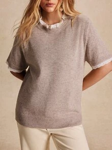 Écloséra Curve Plus Size Women's Casual Versatile Lace Trim Short Sleeve Knit Top - Khaki - View 2