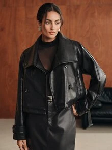 Anewsta Women's Fashion Long Leather Trench Coat With Raglan Long Sleeves, Stand Collar And Cinched Waist - Black - View 3