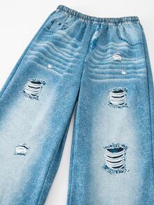Tween Girls Ripped 2 Pieces Set, Crew Neck Raglan Crop Sweatshirt & Elastic Waist WideLeg DenimLook Pants, Casual Daily Matching Outfit - Blue - View 5