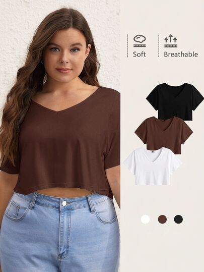 SHEIN BASICS Plus Solid V Neck Crop Tee Summer Tops Summer Outfit For Women