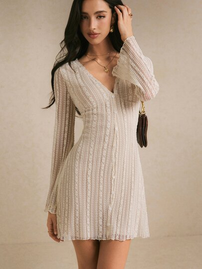 Poéselle Women's White Lace Mini Dress, V-Neck Long Bell Sleeve Button-Front A-Line Dress, Elegant Romantic Party And Date Night Outfit For Women,Fall Winter