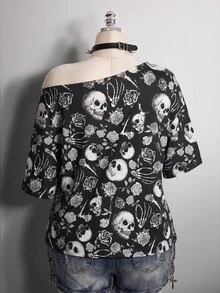 SHEIN ICON 大尺碼女款全印花不對稱肩休閒百搭日常T恤 - 彩色 - 查看 2