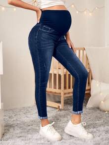 SHEIN 孕婦高腰修身休閒百搭牛仔褲 - 深色水洗藍 - 查看 5