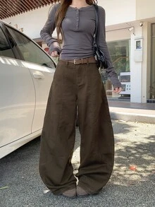 DAZY Women's Fashion Street Button Loose Wide Leg Denim Jeans Summer Everyday School Dark Brown Casual Streetwear - Brown - View 7