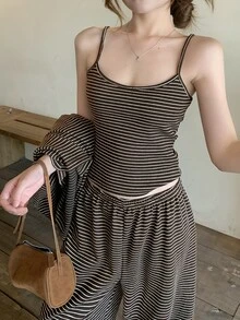 DAZY Women's Striped Long Sleeve Cardigan, Camisole And Pants Casual Set - Brown - View 8
