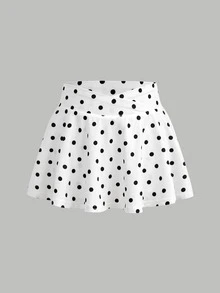 SHEIN Girlism 青少年女孩運動服波點印花針織長袖半拉鍊小立領上衣、背心與裙子3件套 - 黑與白 - 查看 5
