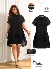 Femmeverse Women's Plus Size Summer New Pleated Halter Neck Flutter Sleeve Sequin Patchwork Cap Sleeve Party Dress High Waist Bodycon Dress - Black - View 1