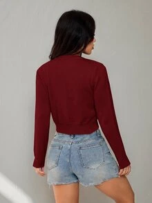 SHEIN PETITE 女款純色休閒百搭日常外出辦公開襟衫 酒紅色 秋季 - 紅色 - 查看 3