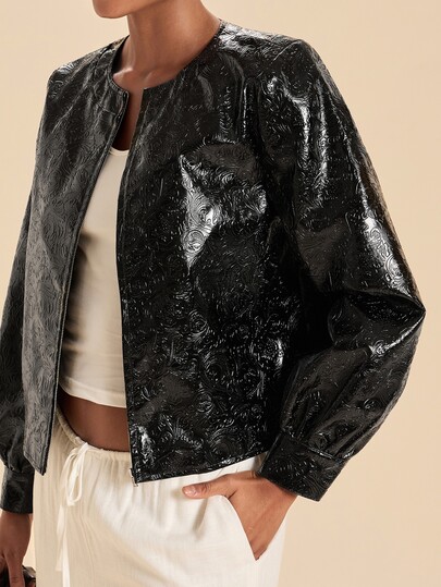 Travachic Women's PU Leather Long Sleeve Zipper Front Textured Jacket