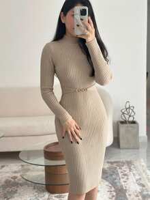 NOVVYNE Women's Knitted Stand Collar Metal Decor Fitted Bodycon Sweater Dress - Khaki - View 4